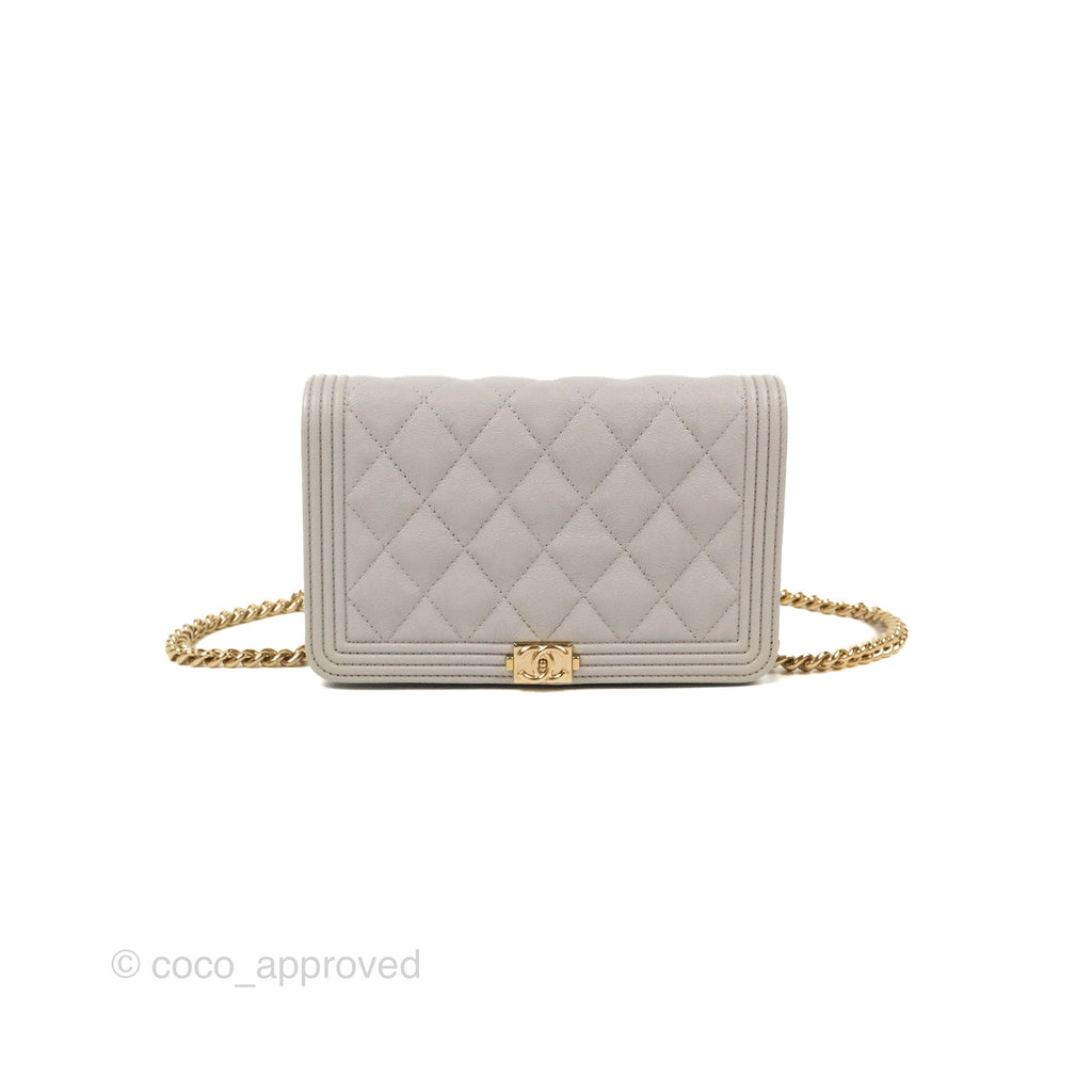 Chanel Quilted Boy Wallet on Chain WOC Light Grey Caviar Gold Hardware