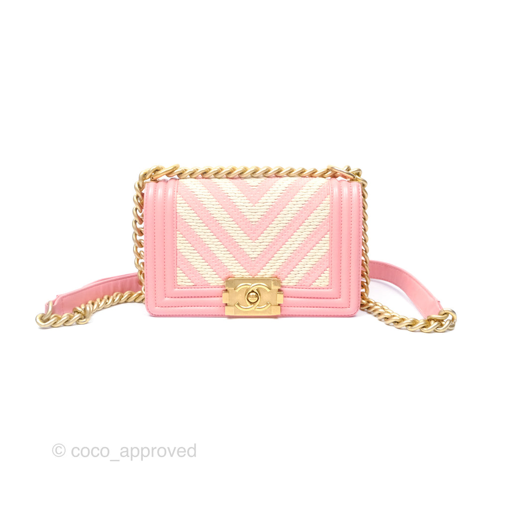 Chanel Small Boy Chevron Fabric Braided Pink Aged Gold Hardware