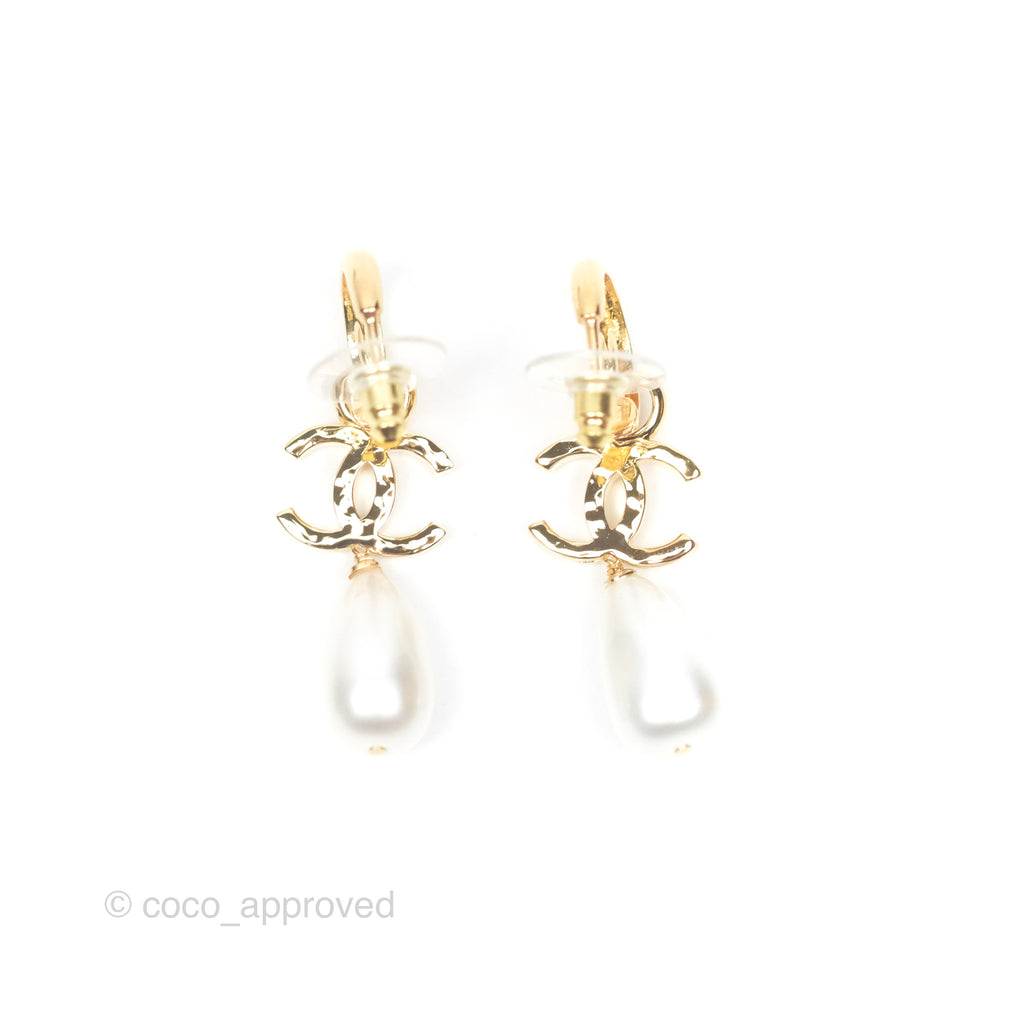 Chanel CC Pearl Drop Earrings Gold Tone 24S