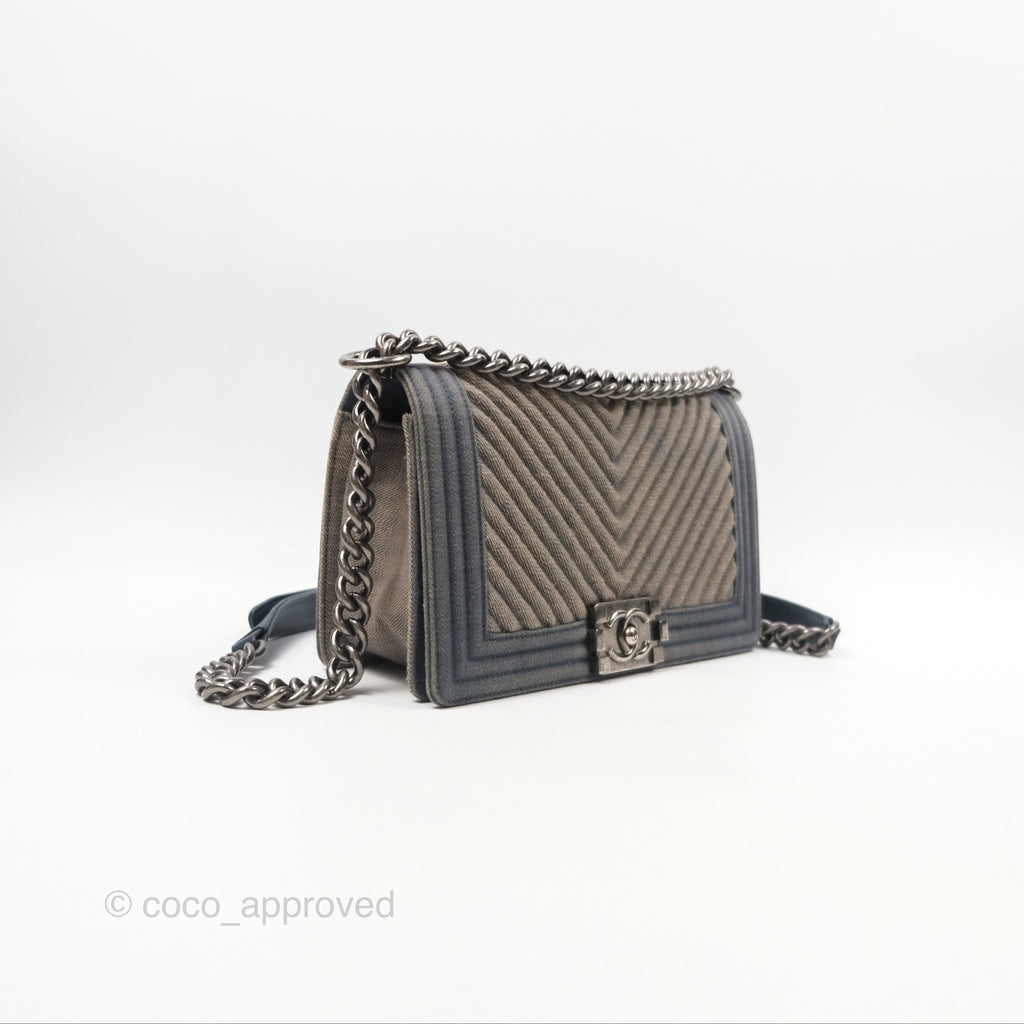 Chanel Medium Chevron Boy Washed Denim Ruthenium Hardware