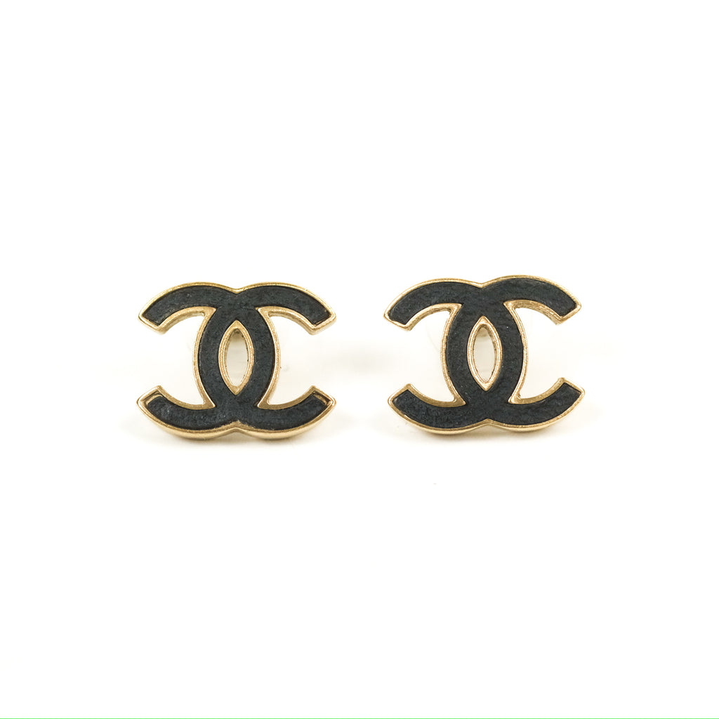 Chanel Black Leather and Gold Metal Square CC Earrings, Contemporary Jewelry (Like New)