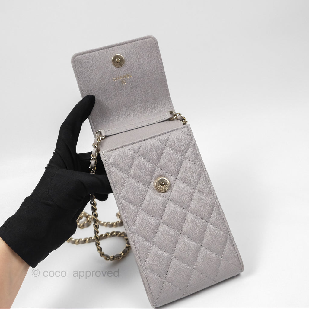 Chanel Quilted Phone Holder Grey Caviar Gold Hardware