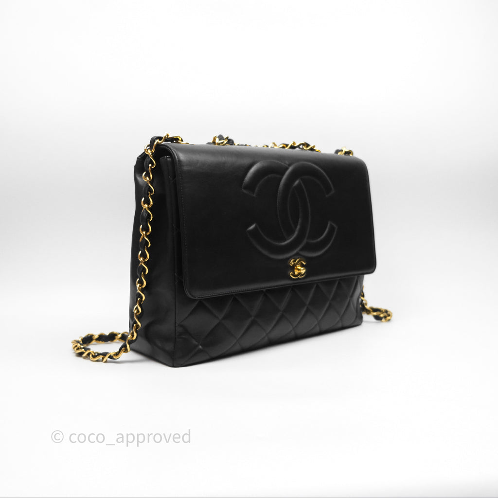 Chanel Vintage Maxi Quilted CC Flap Bag Black Lambskin Gold Hardware