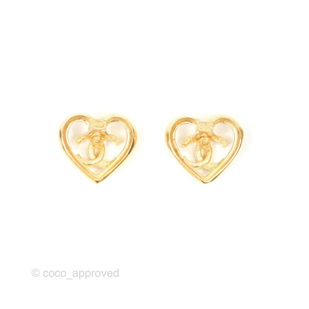 Chanel Crystal CC Heart Earrings Gold Tone 23C