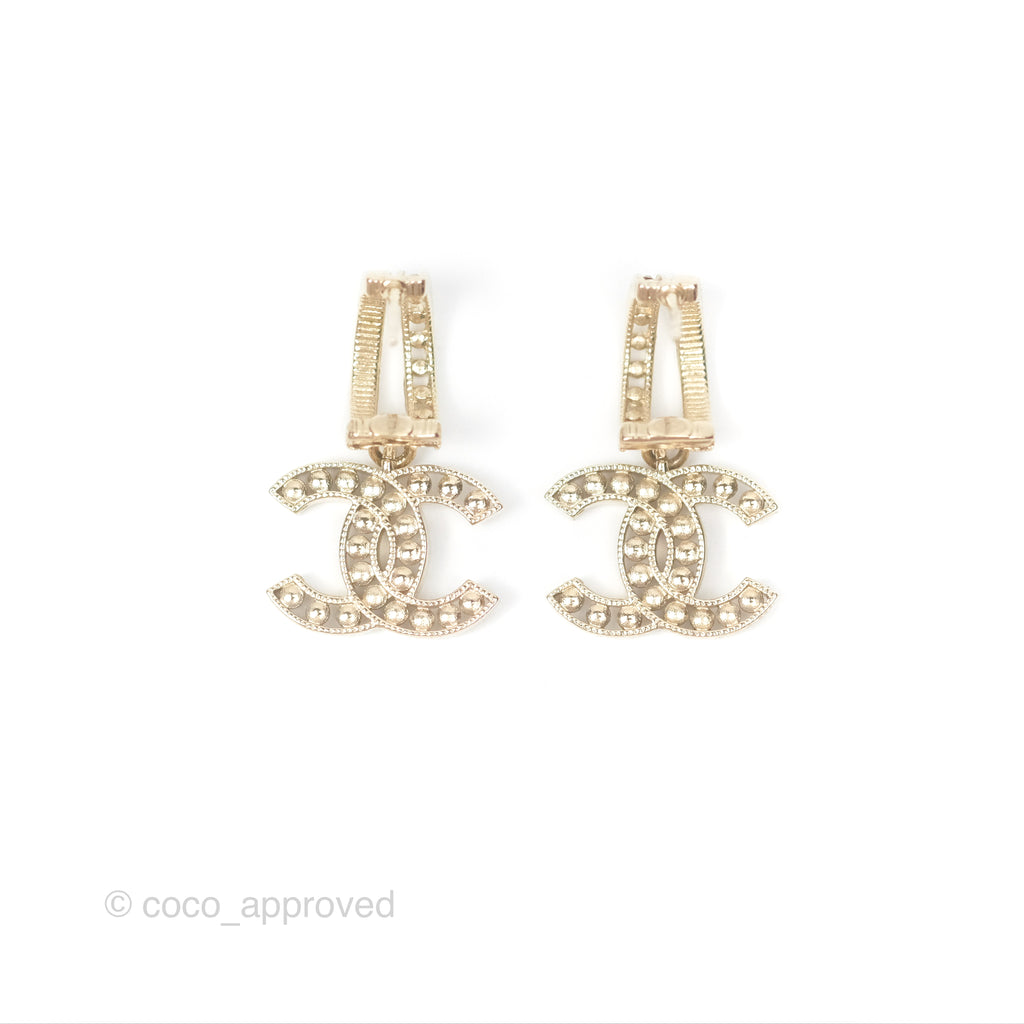 Chanel Pearl Crystal CC Drop Earrings Gold Tone 21B