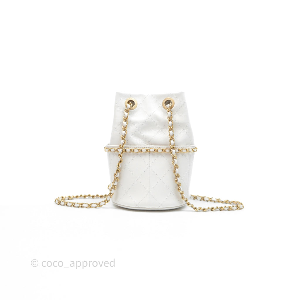 Chanel Mini Bucket Bag White Shiny Lambskin Aged Gold Hardware 25C