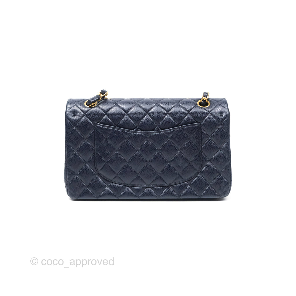 Chanel Classic M/L Medium Flap Quilted Navy Caviar Aged Gold Hardware