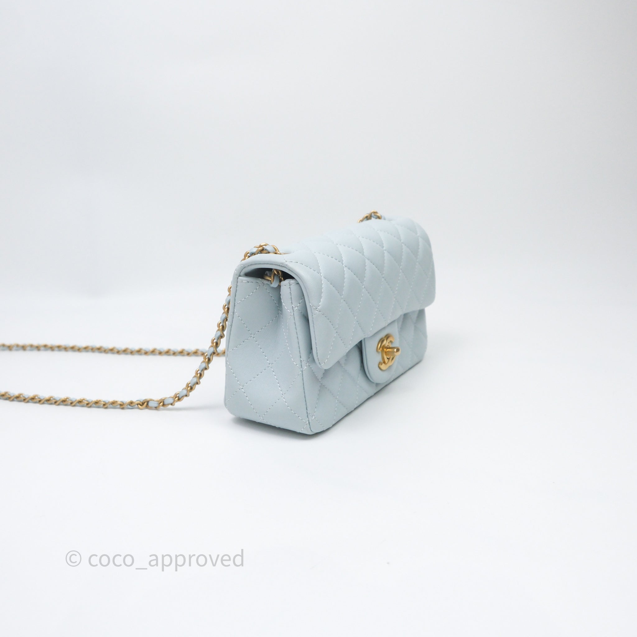 Chanel Pearl Crush Mini Rectangular Light Blue Lambskin Aged Gold