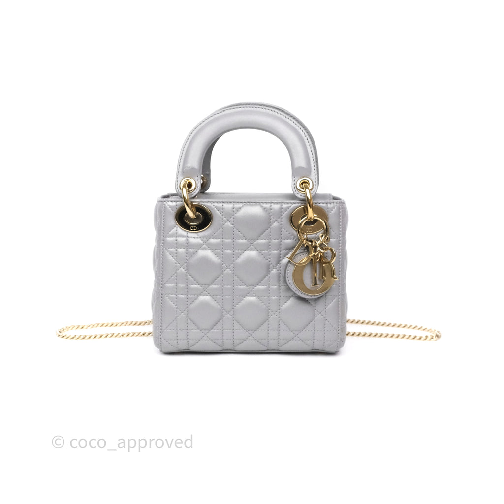 Christian Dior Mini Lady Dior Iridescent Grey Lambskin Cannage Gold Hardware