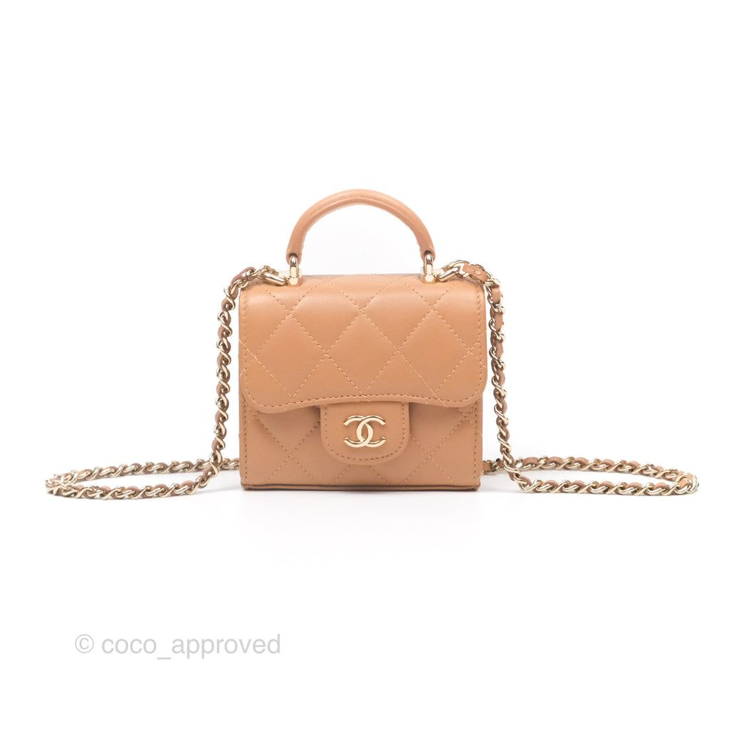 Chanel Mini Handle Clutch With Chain Caramel Lambskin Gold Hardware