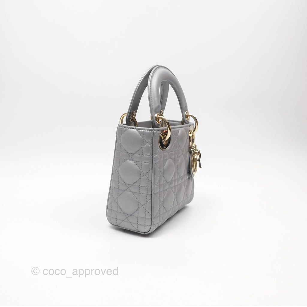Christian Dior Mini Lady Dior Iridescent Grey Lambskin Cannage Gold Hardware