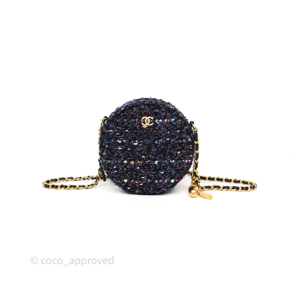 Chanel Charms Round Clutch With Chain Navy Purple Tweed Aged Gold Hardware