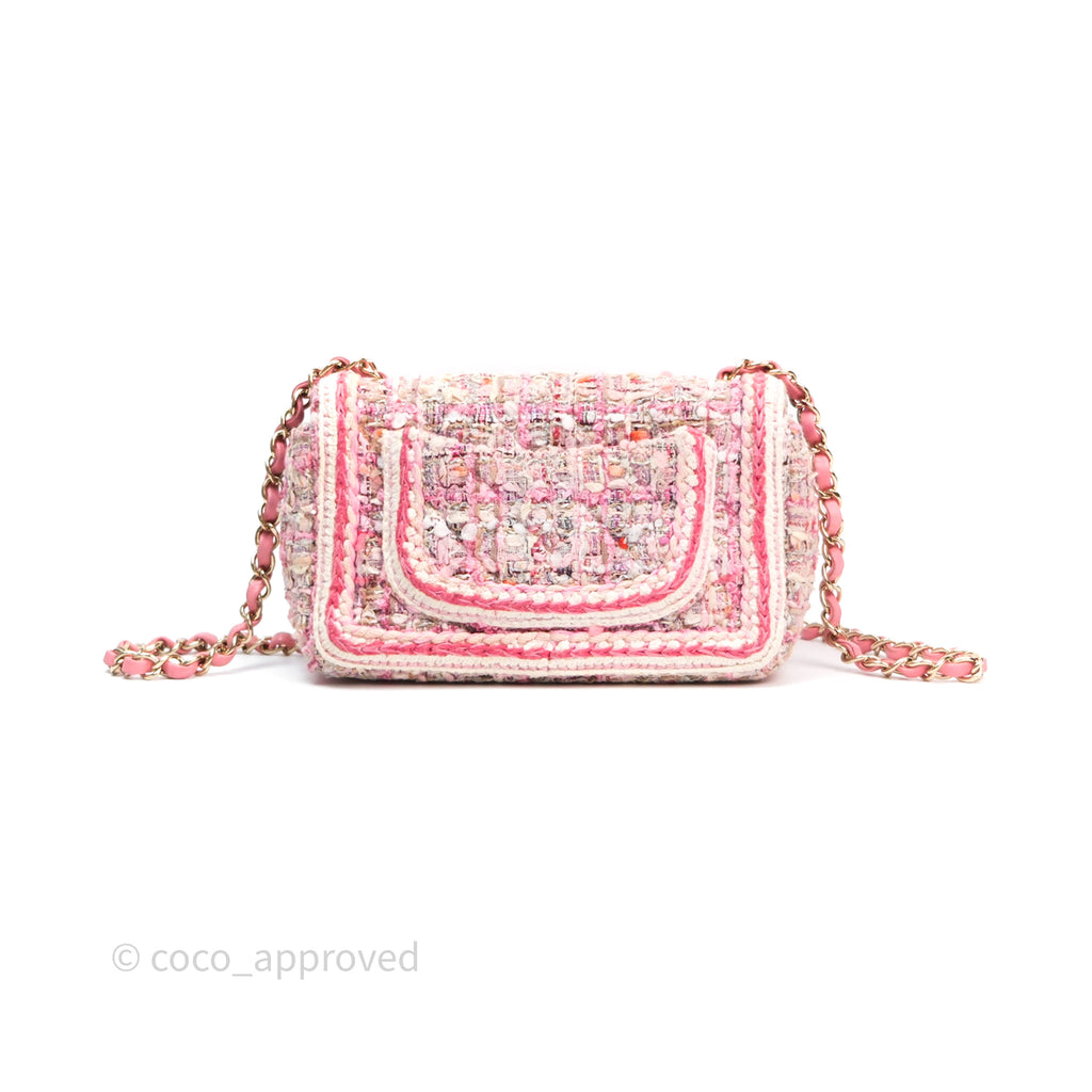 Chanel Mini Rectangular Flap Pink Tweed Braid Gold Hardware