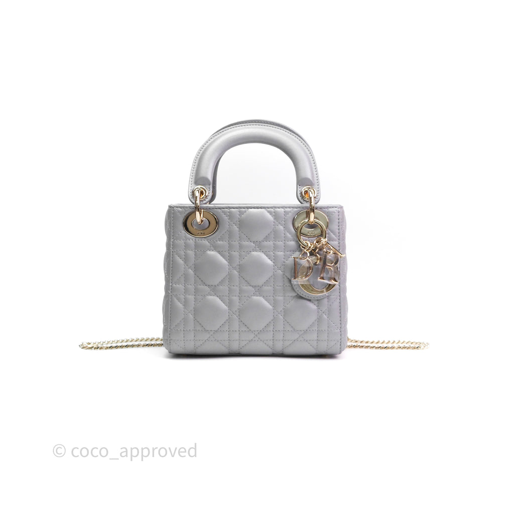 Christian Dior Mini Lady Dior Iridescent Grey Lambskin Cannage Gold Hardware