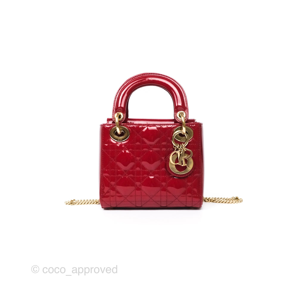 Christian Dior Mini Lady Dior Red Patent Cannage Gold Hardware