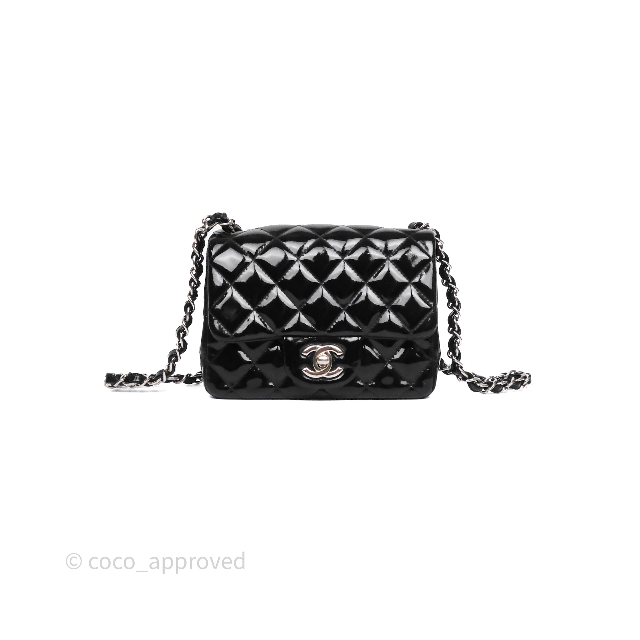 Chanel Mini Square Quilted Black Patent Silver Hardware – Coco 