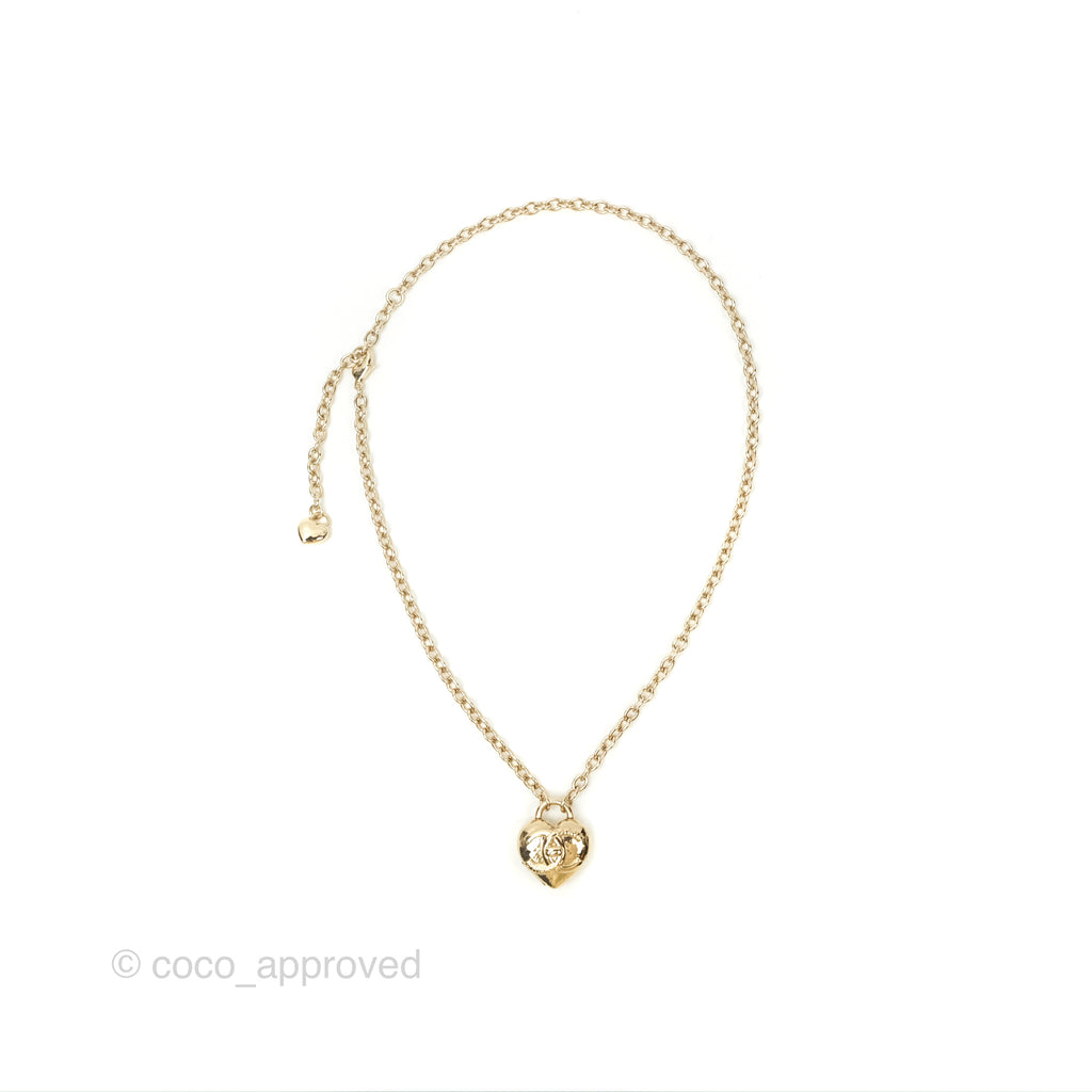 Chanel CC Lock Heart Locket Necklace Gold Tone 22B