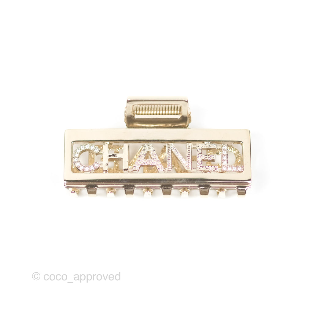 Chanel Crystal Logo Hair Claw Gold Tone 22P