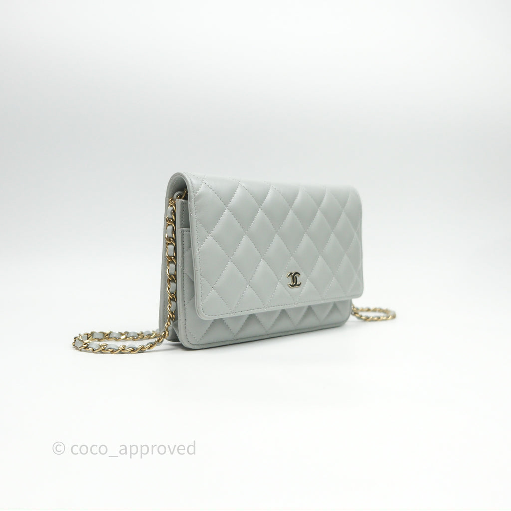 Chanel Classic Quilted Wallet on Chain WOC Grey Lambskin Gold Hardware