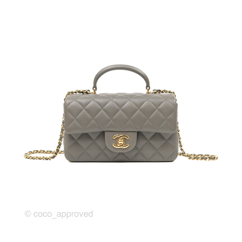 Chanel Top Handle Mini Rectangular Flap Bag Grey Lambskin Gold Hardware