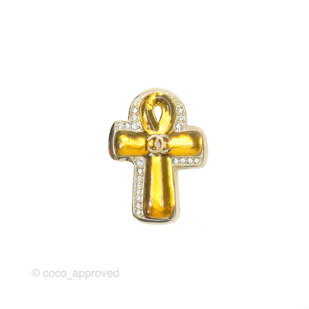 Chanel Cross Crystal CC Yellow Resin Brooch Gold Tone 19A