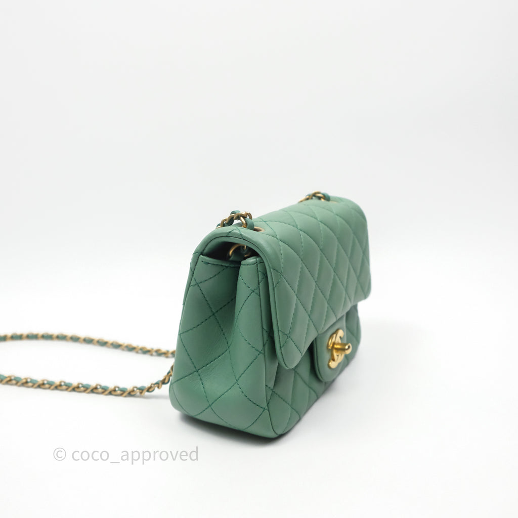 Chanel Pearl Crush Mini Square Quilted Green Lambskin Aged Gold Hardware