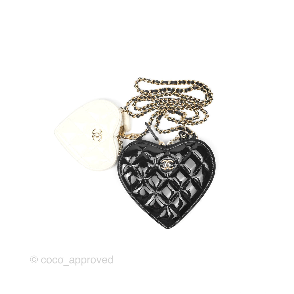 Chanel Heart Clutch with Chain with Coin Purse Black White Patent