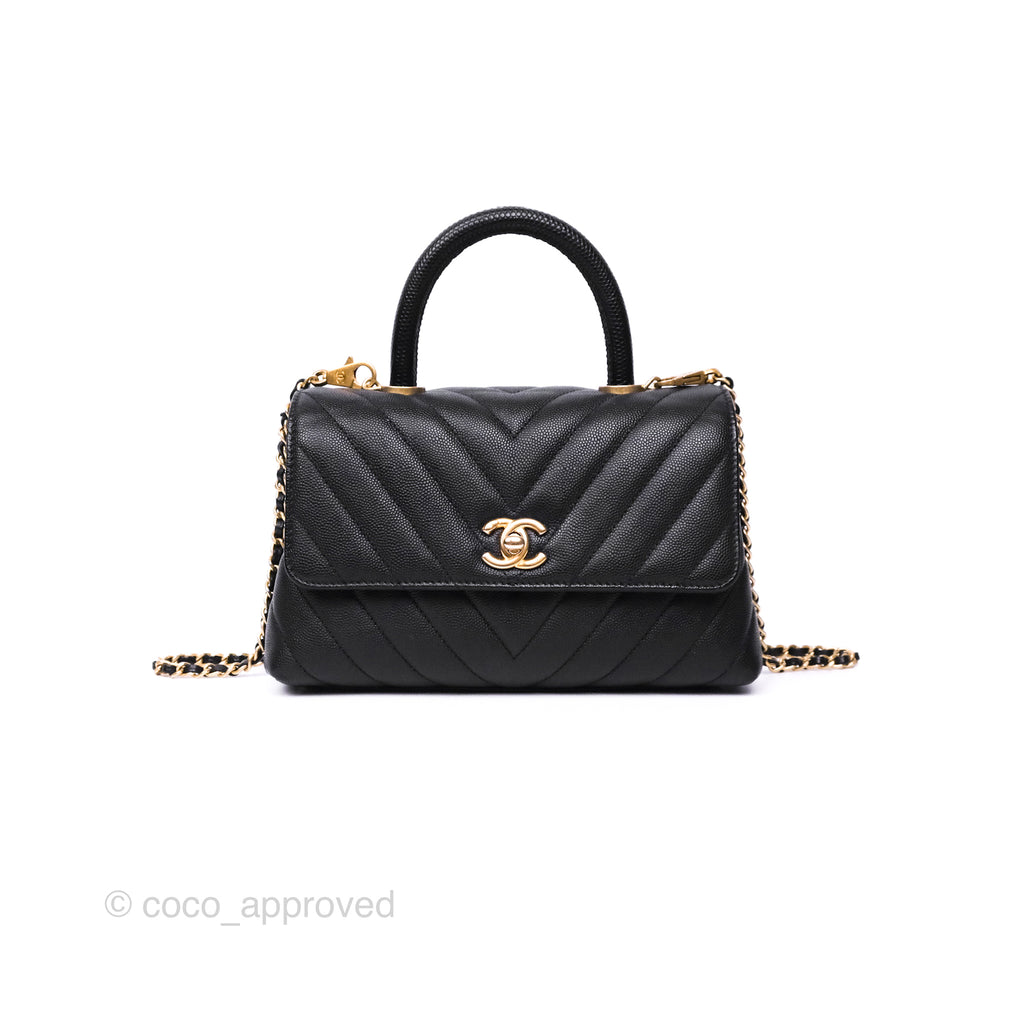 Chanel Small Coco Handle Chevron Black Caviar Aged Gold Hardware Lizard Handle