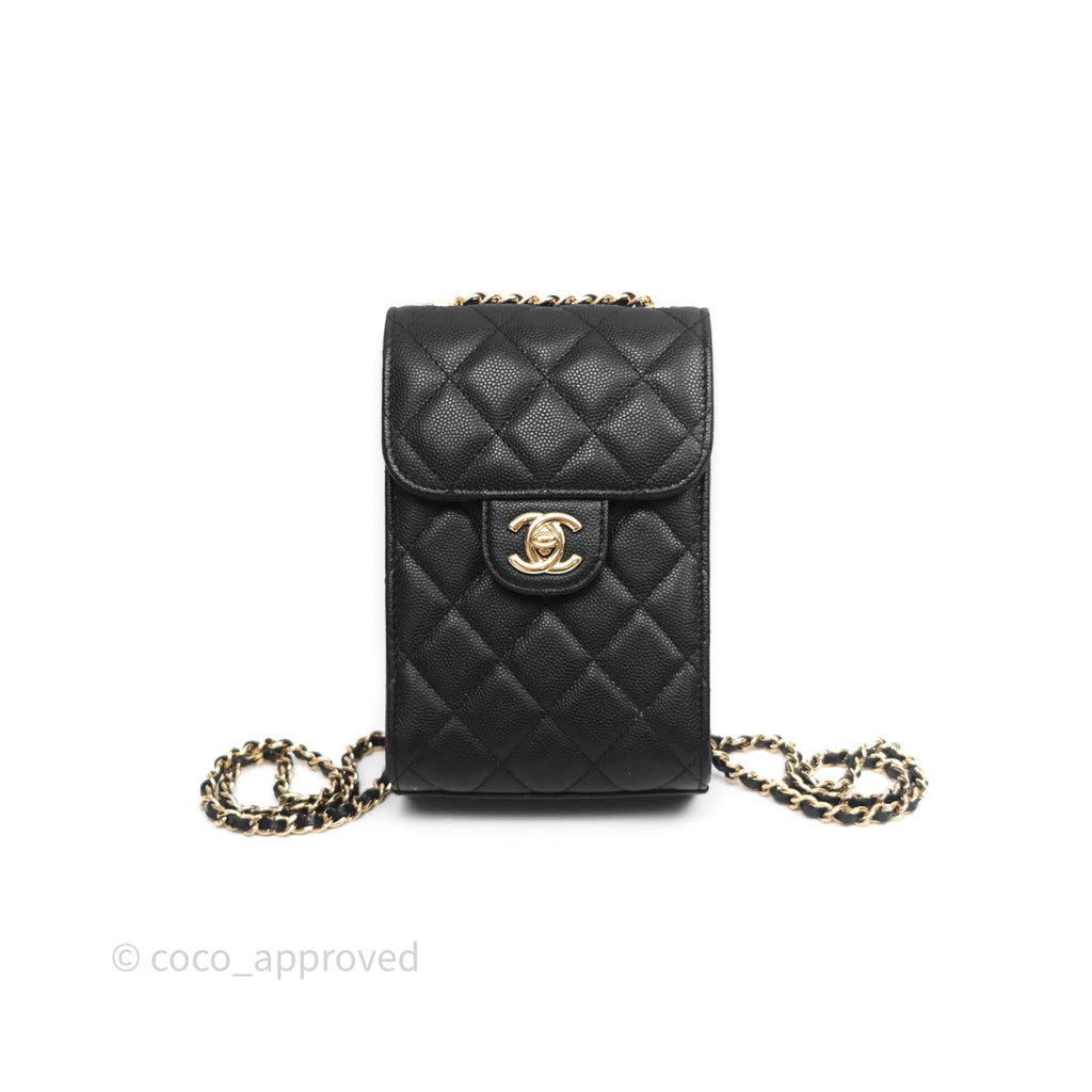 Chanel Classic Quilted Phone Holder Black Caviar Gold Hardware