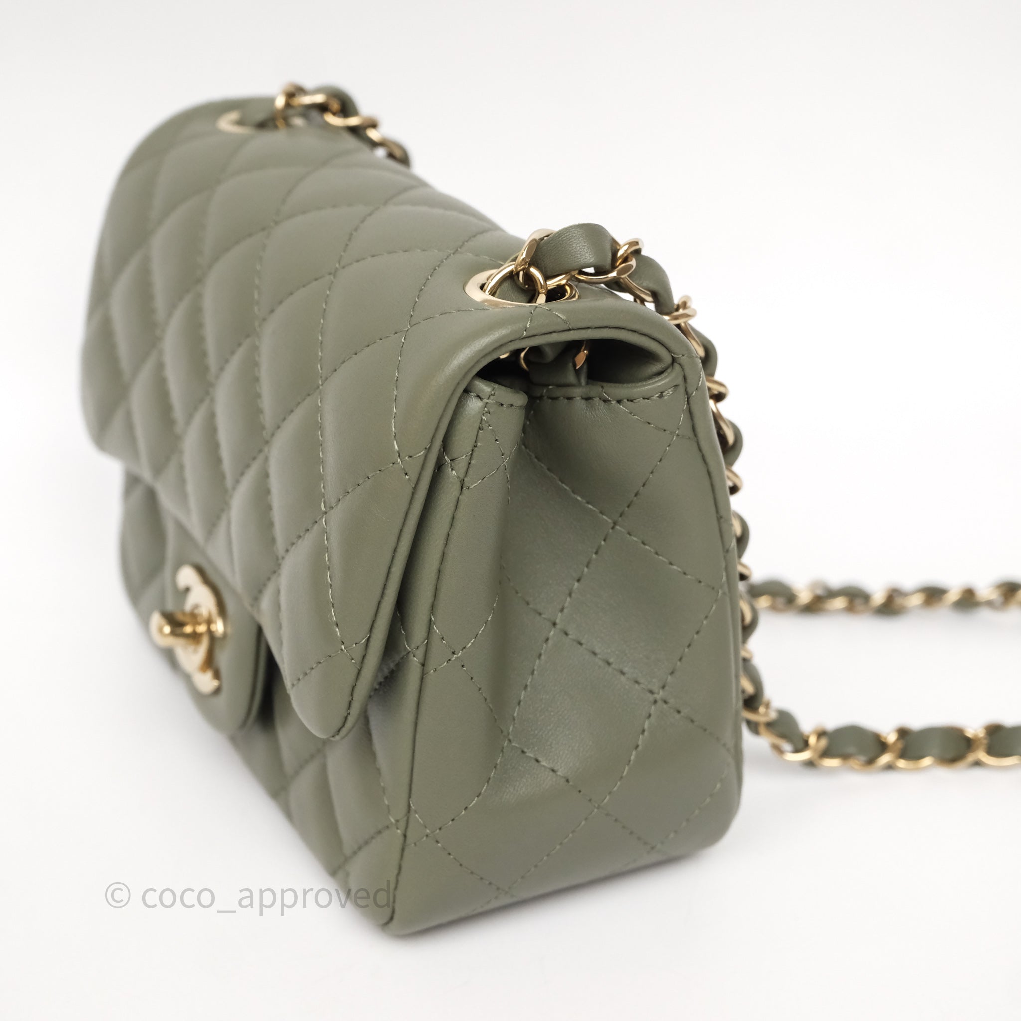 Chanel Quilted Mini Square Olive Green Lambskin Gold Hardware