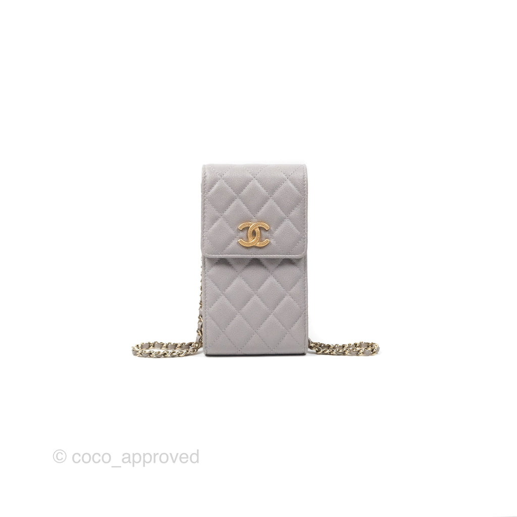 Chanel Quilted Phone Holder Grey Caviar Gold Hardware