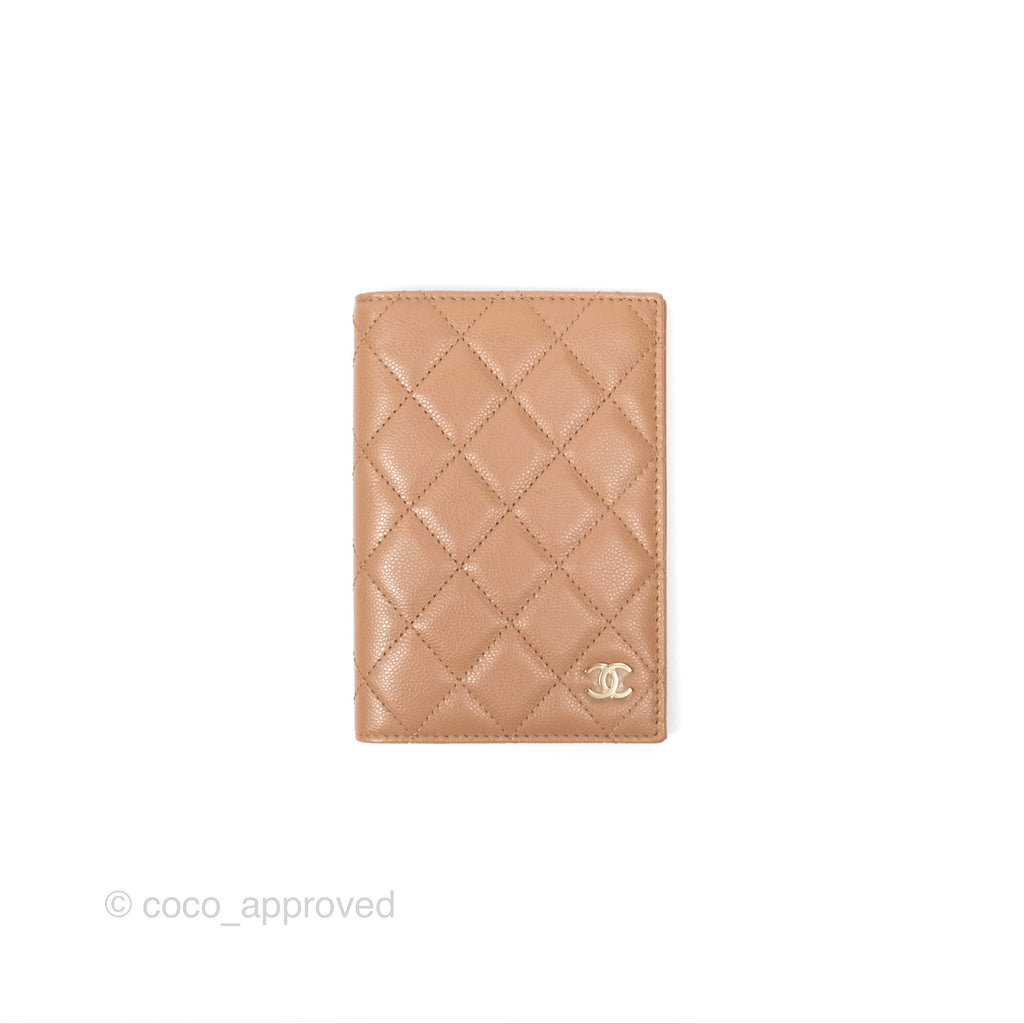 Chanel Classic Quilted Passport Holder Caviar Beige Gold Hardware