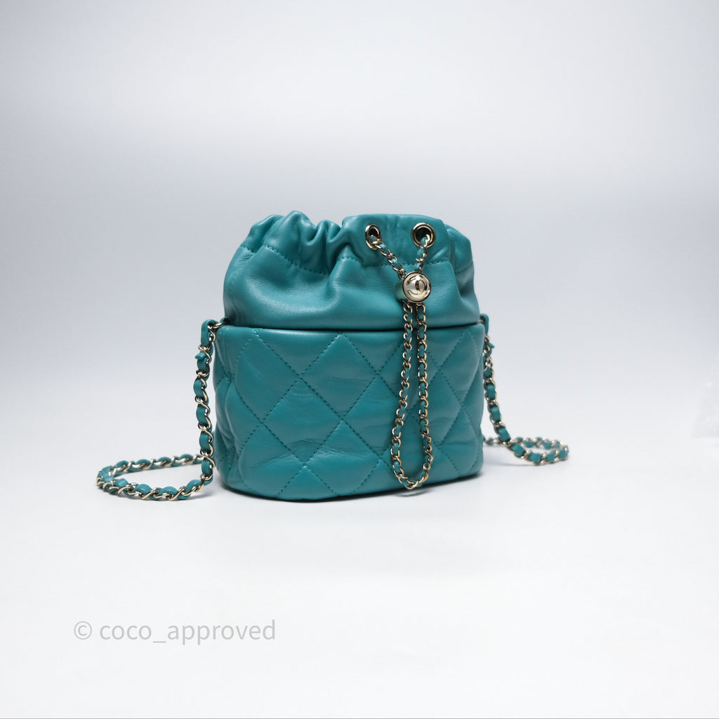 Chanel Pearl CC Drawstring Bucket Bag Teal Green Lambskin Gold Hardware