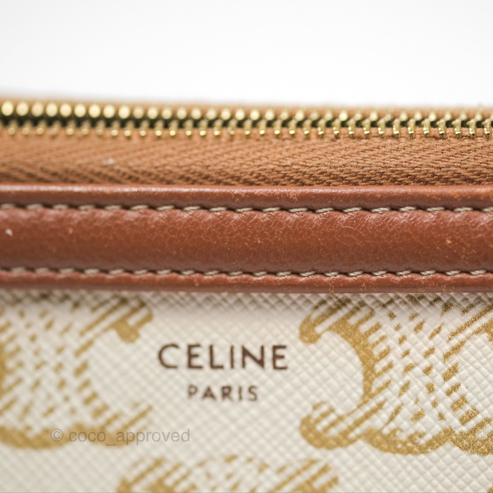 Celine Clutch With Chain Triomphe Canvas Lambskin White/Tan