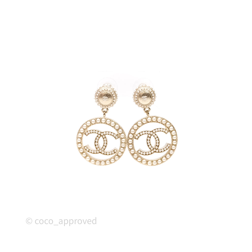 Chanel Pearl CC Round Drop Earrings Gold Tone 19V