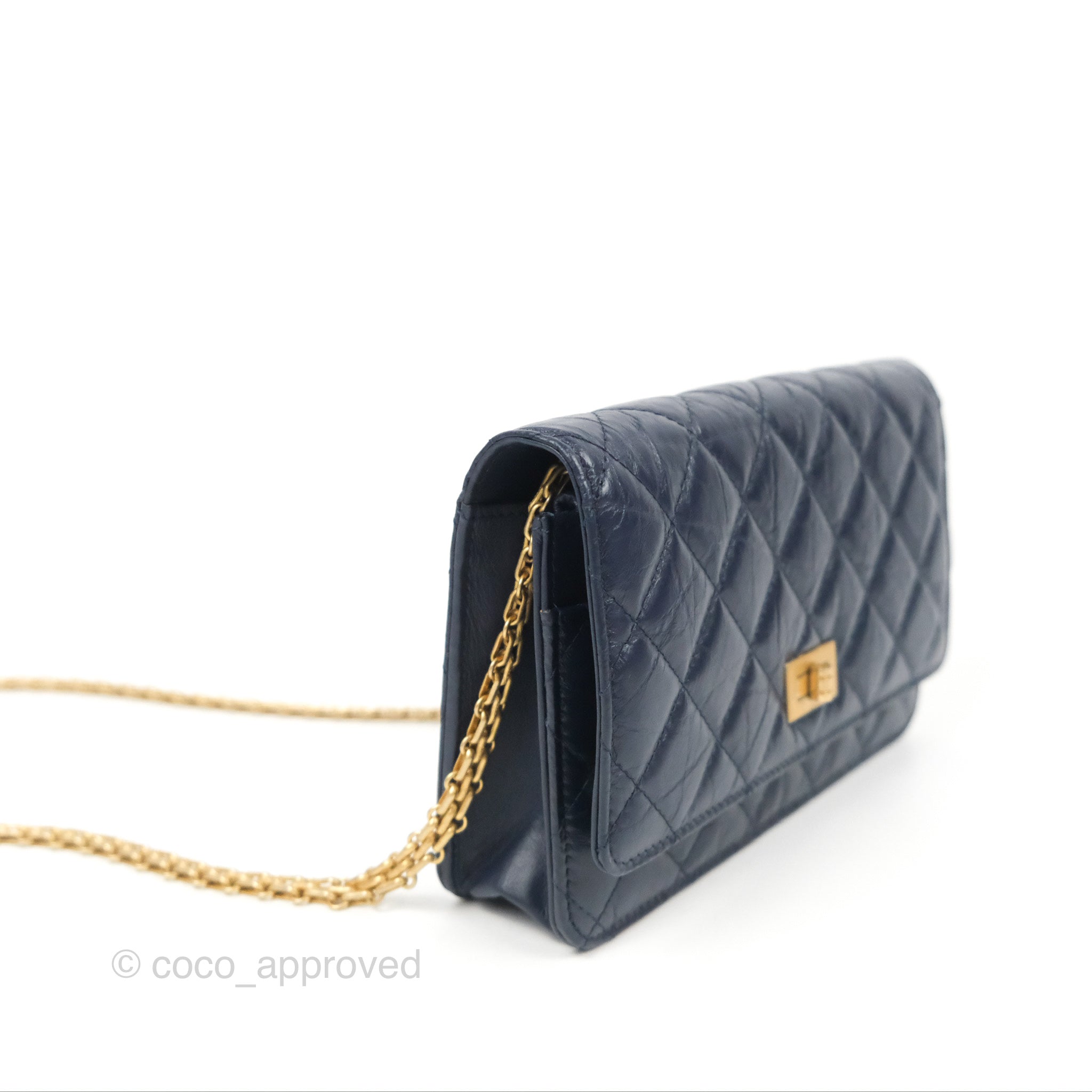 Chanel Quilted Reissue Wallet On Chain WOC Navy Aged Calfskin Gold Har –  Coco Approved Studio