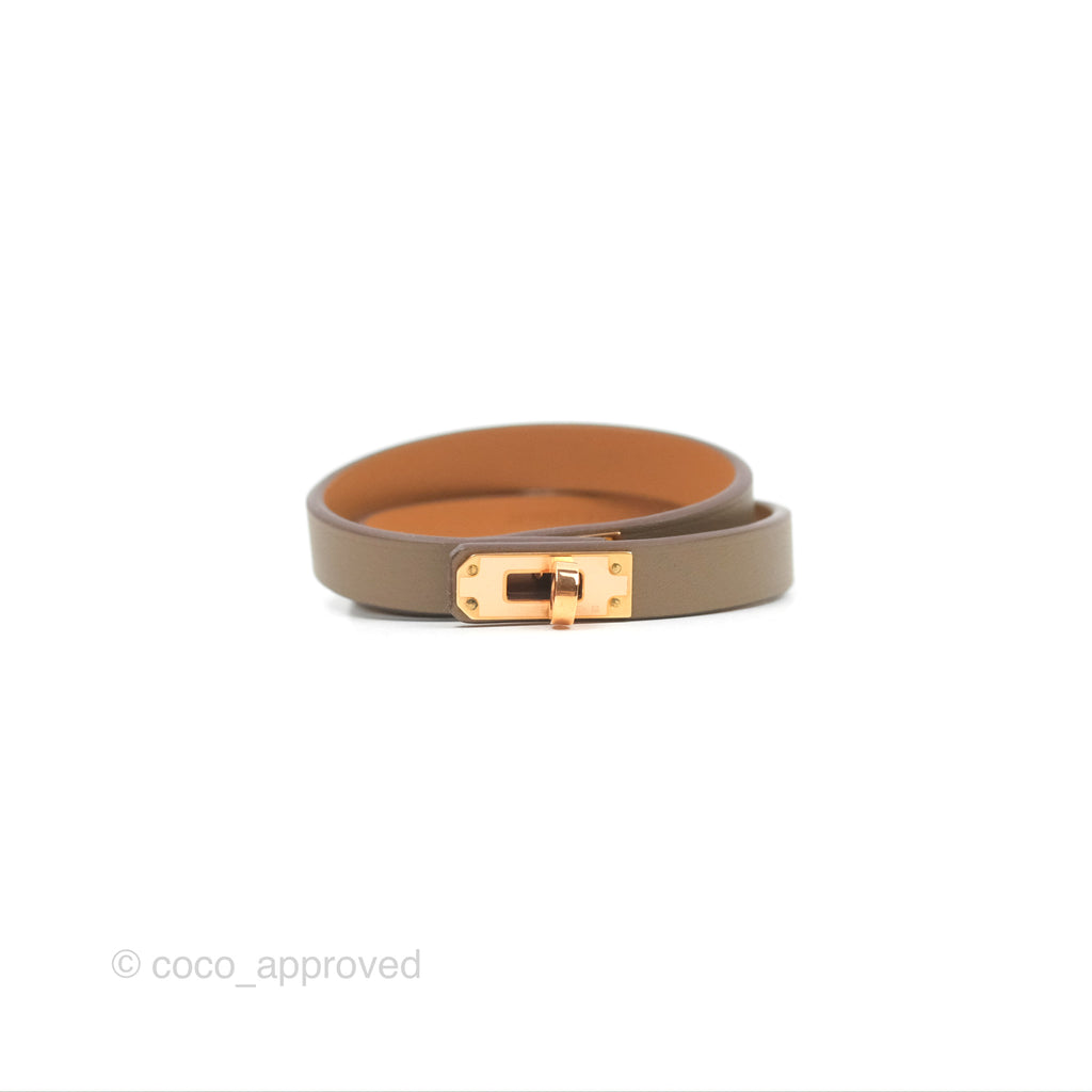 Hermès Mini Kelly Double Tour Bracelet Etoupe Swift Rose Gold Hardware