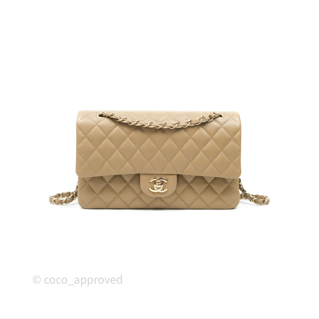 Chanel Classic M/L Medium Flap Quilted Dark Beige Caviar Gold Hardware