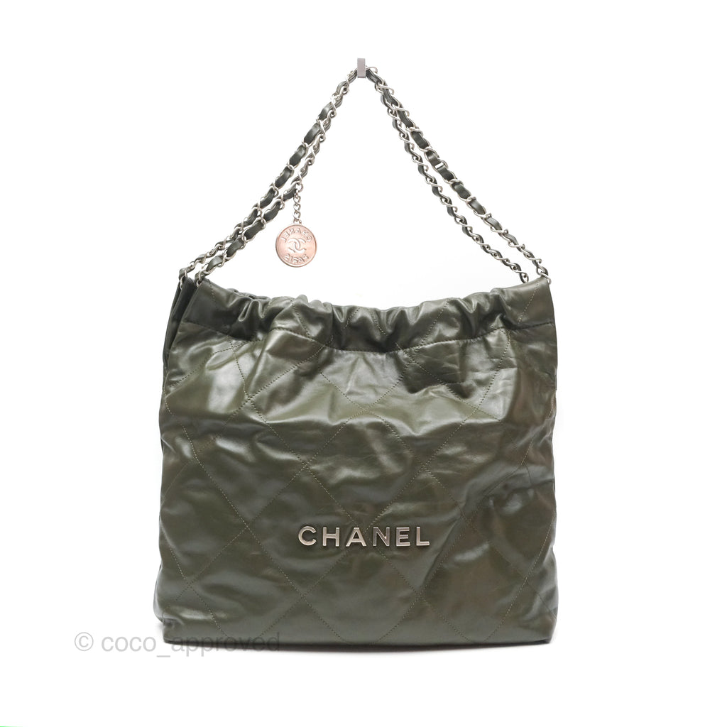 Chanel 22 Medium Army Green Shiny Calfskin Ruthenium Hardware