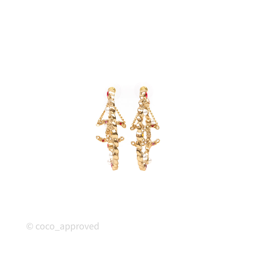 Chanel CC Pearl Crystal Hoop Earrings Gold Tone 21P