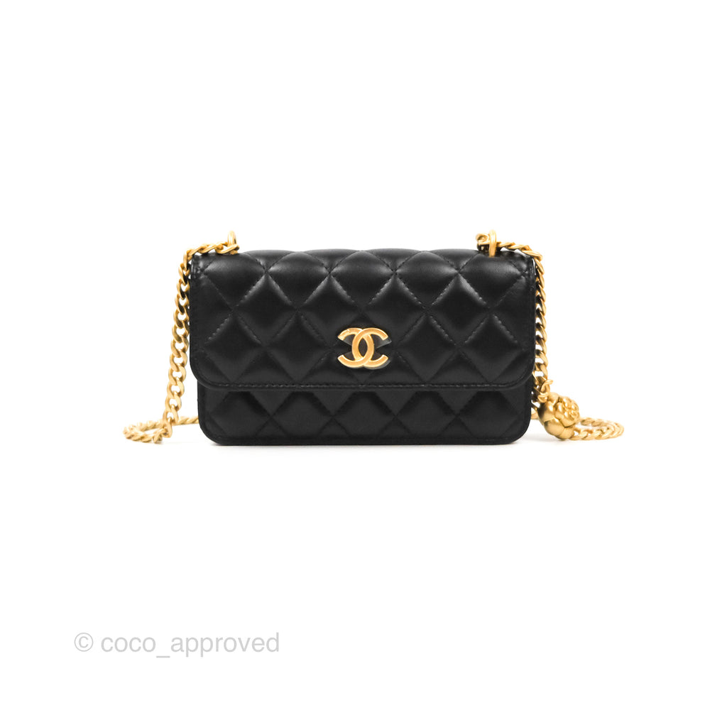 Chanel Mini WOC Phone Holder with Camellia Adjustable Chain Black Lambskin