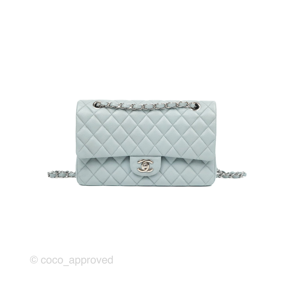 Chanel Classic M/L Medium Flap Quilted Light Grey Blue Caviar Silver Hardware