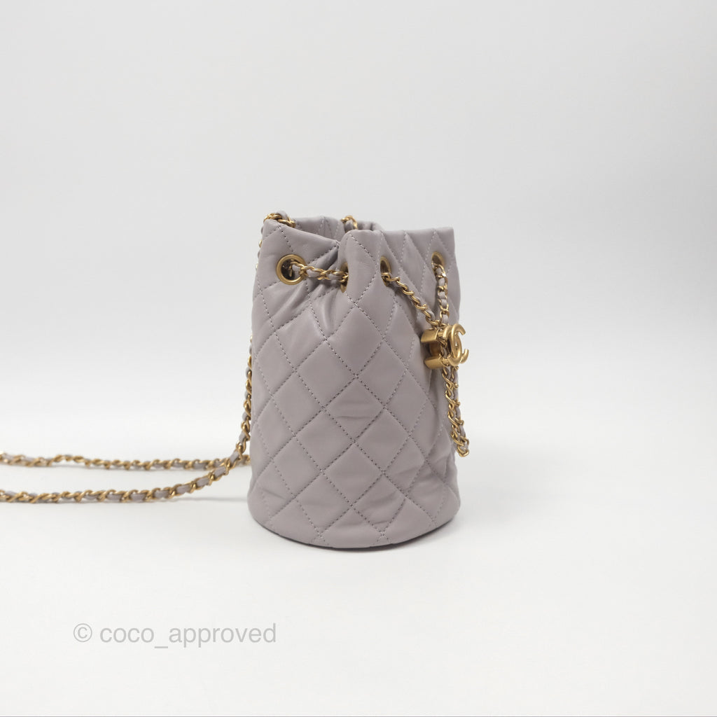 Chanel Pearl Crush Drawstring Bucket Bag Grey Lambskin Aged Gold Hardware