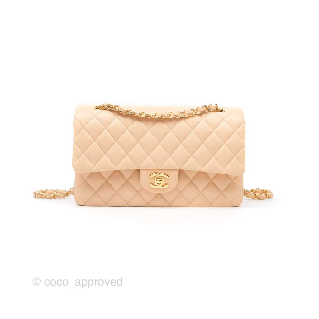 Chanel Classic M/L Medium Flap Quilted Beige Lambskin Gold Hardware