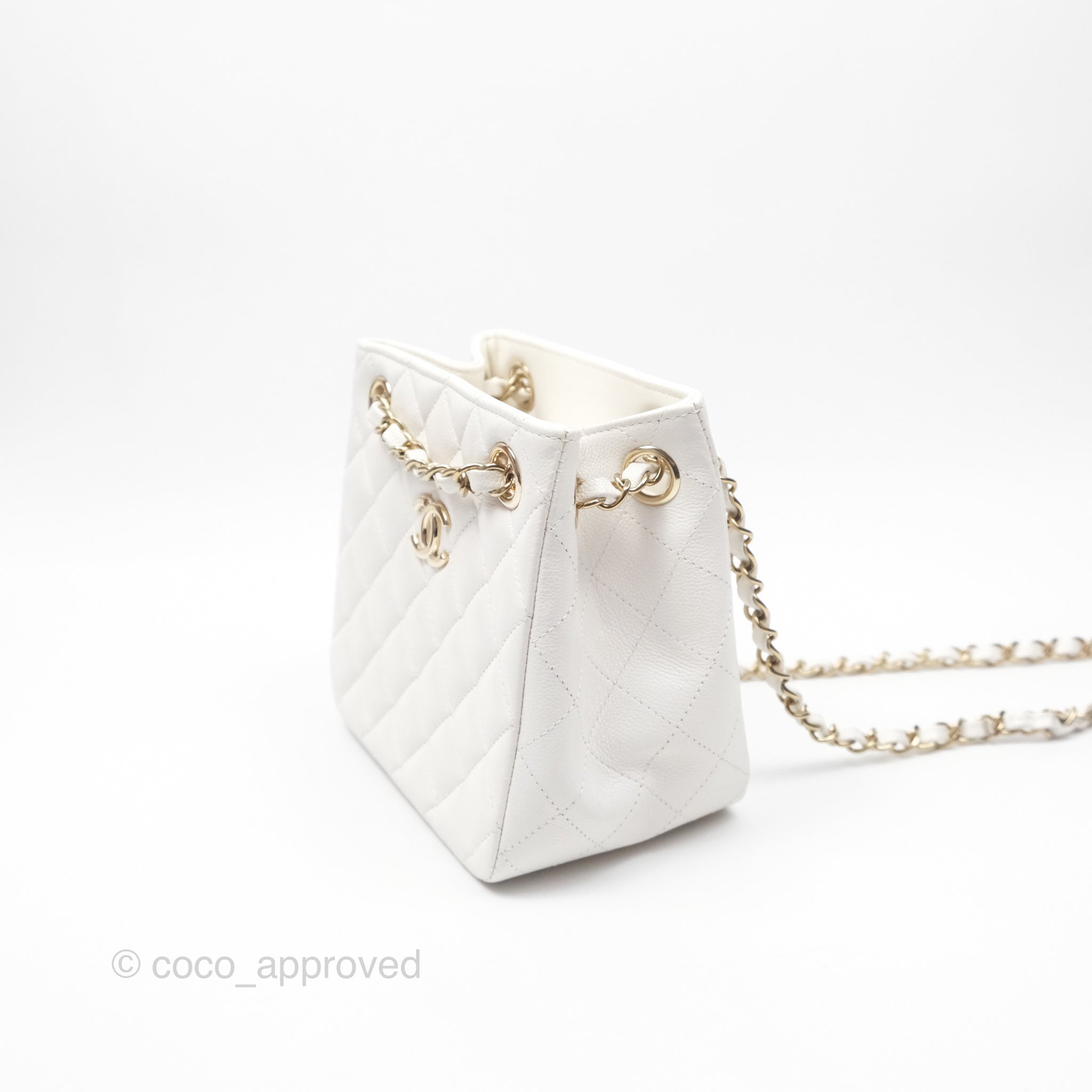 Chanel Mini Bucket Tote White Caviar Gold Hardware 22S – Coco