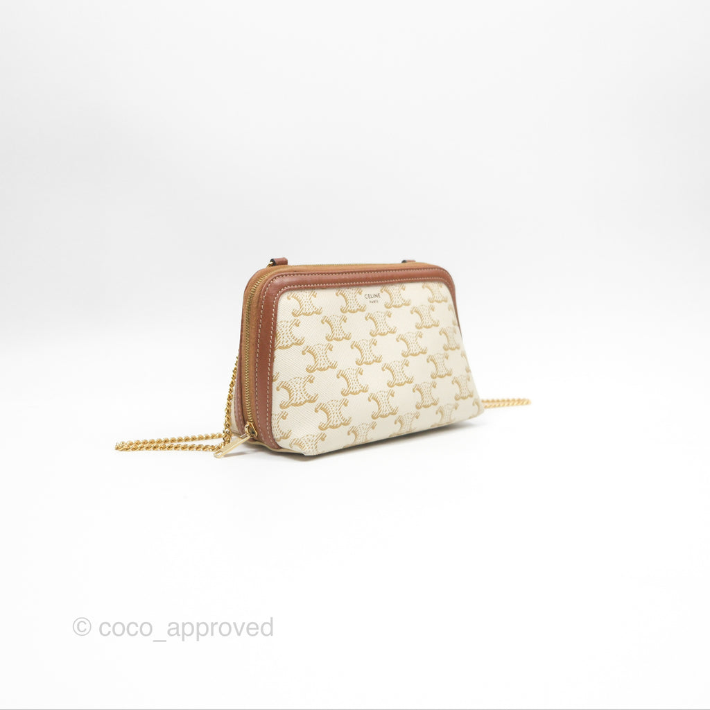 Celine Clutch With Chain Triomphe Canvas Lambskin White/Tan