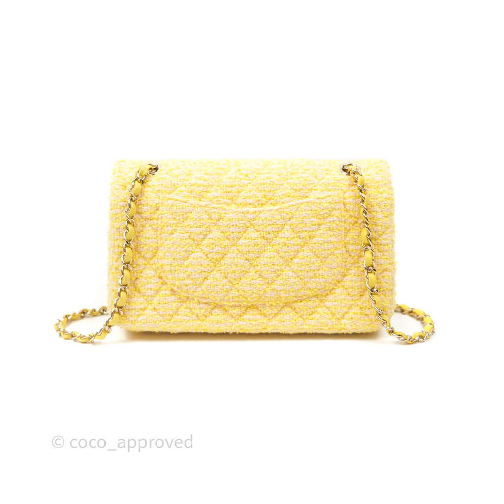 Chanel Classic M/L Medium Flap Quilted Yellow Tweed Gold Hardware