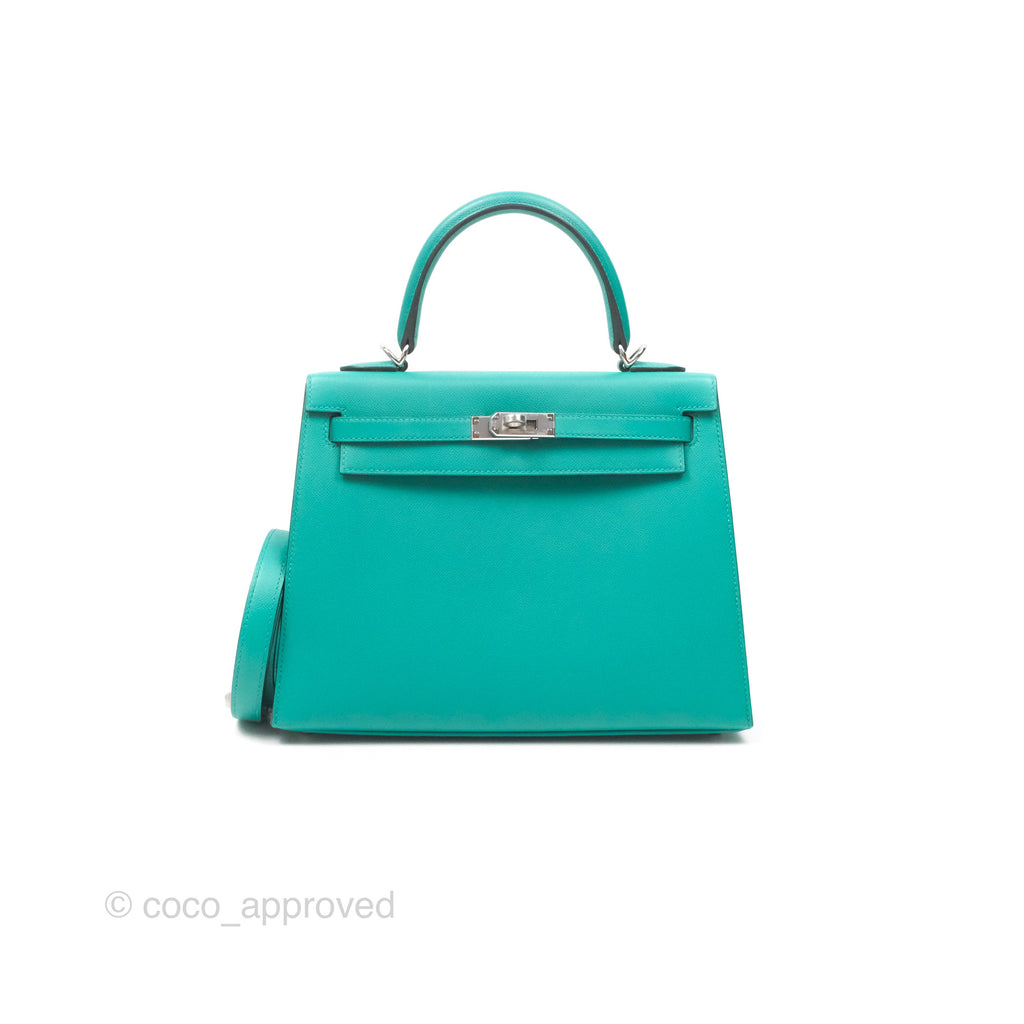 Hermès Sellier Kelly 25 Madame Leather Vert Verone U1/ Bleu De Prusse 7P Palladium Hardware