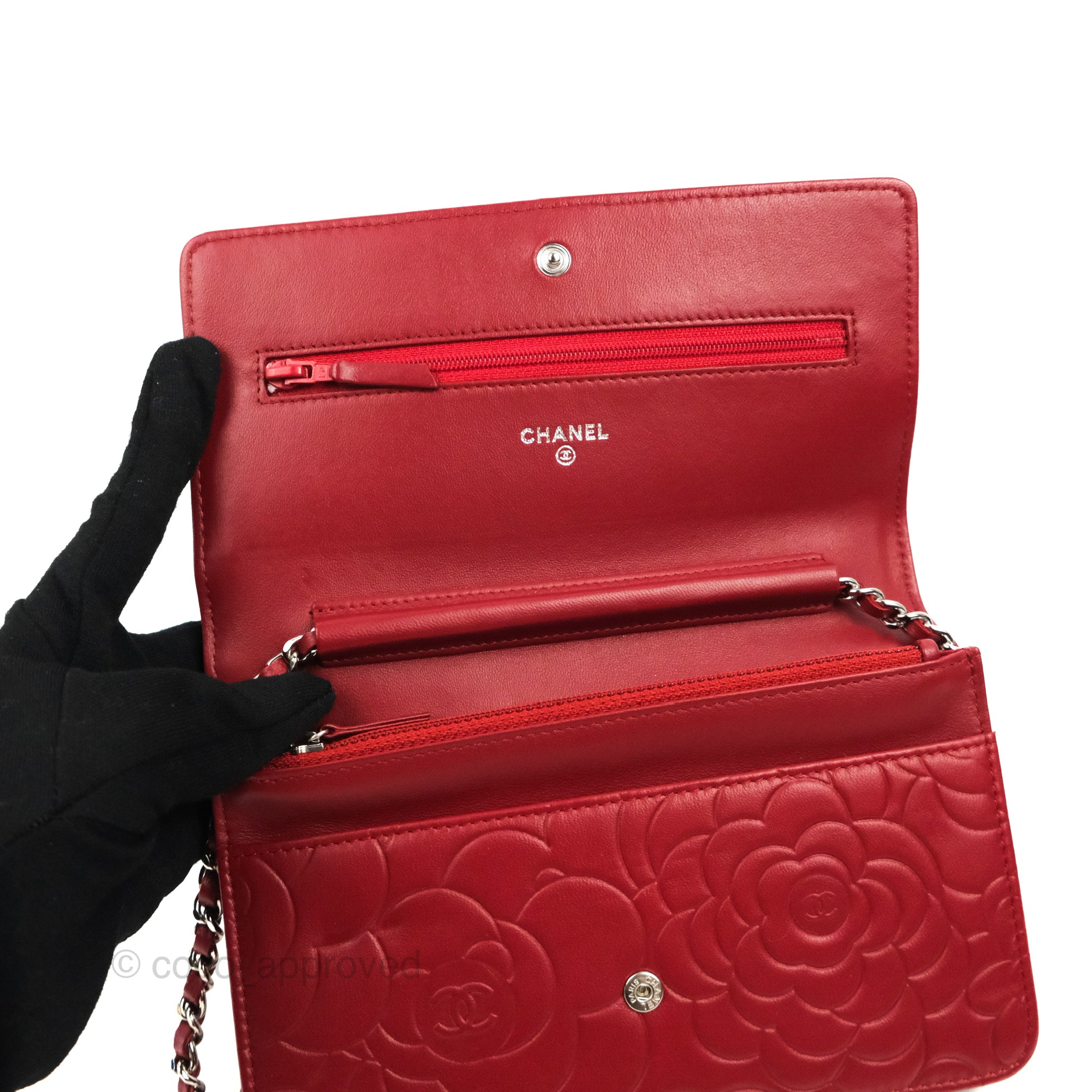 Chanel Camellia Embossed Wallet On Chain WOC Red Lambskin Silver Hardw –  Coco Approved Studio