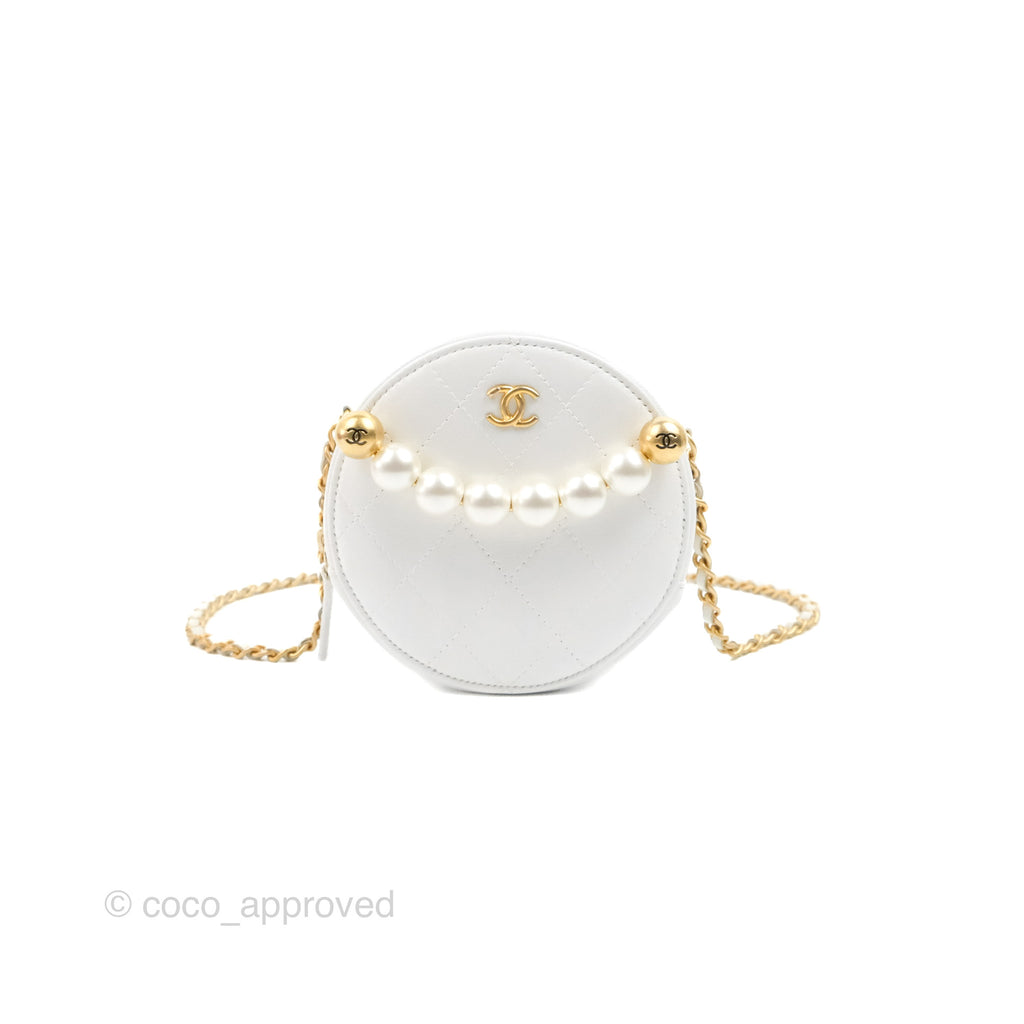 Chanel Pearl Round Clutch with Chain White Lambskin Aged Gold Hardware